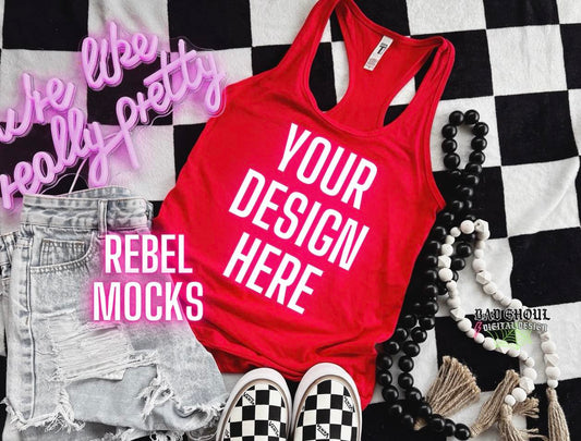 Next Level Red Tank Top Trendy Vibez Flat Lay Mock Up