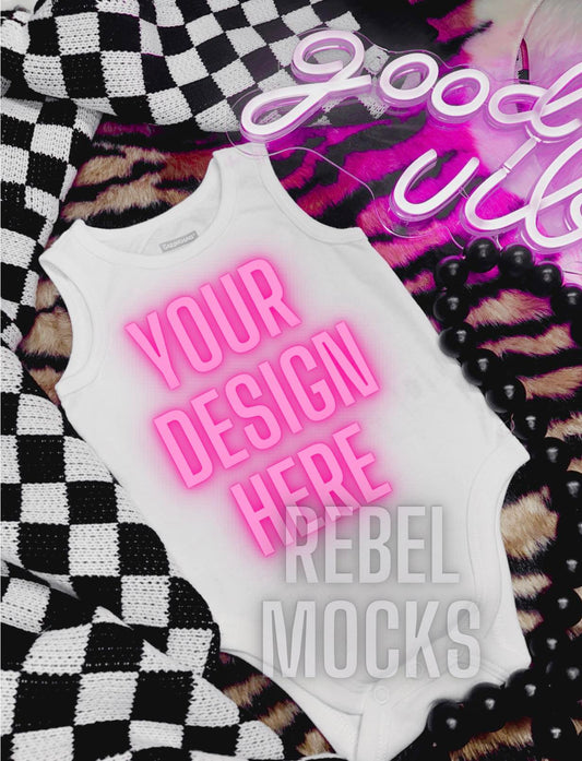 Baby white Onesie Tee Alternative Edgy Trendy Mock Up Flat Lay