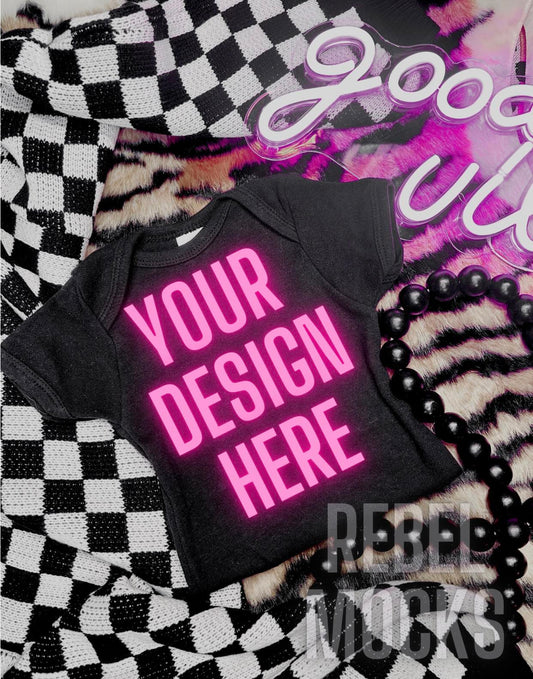 Baby Black Onesie Tee Alternative Edgy Trendy Mock Up Flat Lay