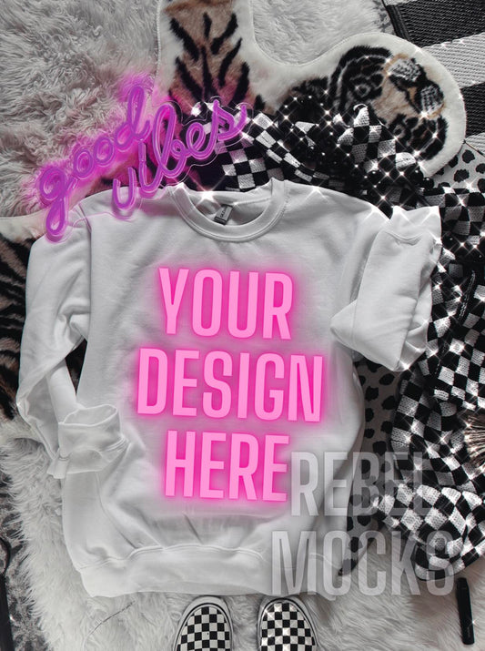 BLING White Crew Alternative Edgy Mock Up Flat Lay