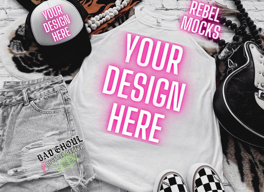 White Tri Rocker Tank & Hat Flat Lay Mock Up TRENDING