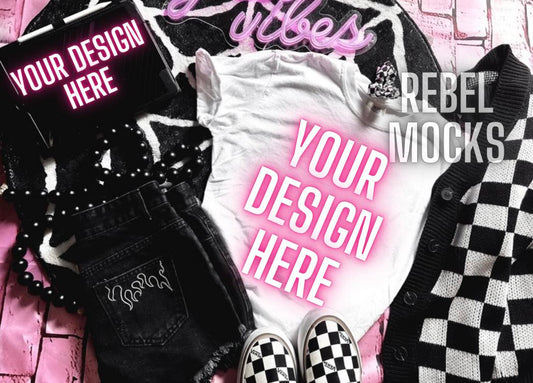 Bundle 2  MOCKS White tee and ipad Edgy Trendy Flat Lay