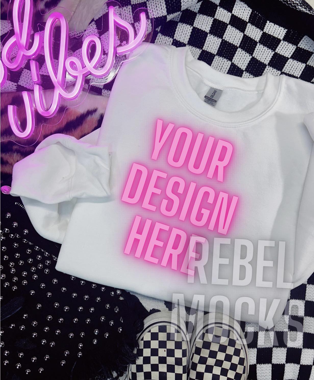 White Crewneck Sweatshirt Flat Lay Mock Neon Sign