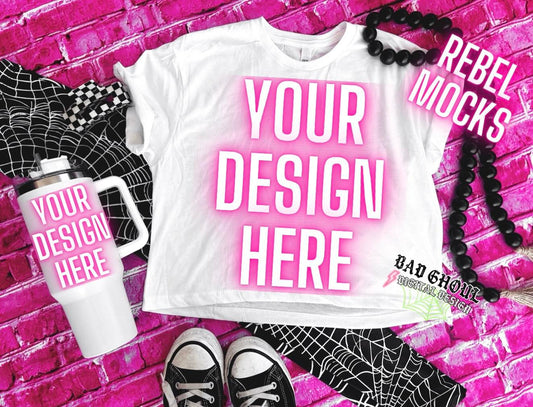 White Crop Top Tee & Tumbler Flat Lay Mock Up Trendz
