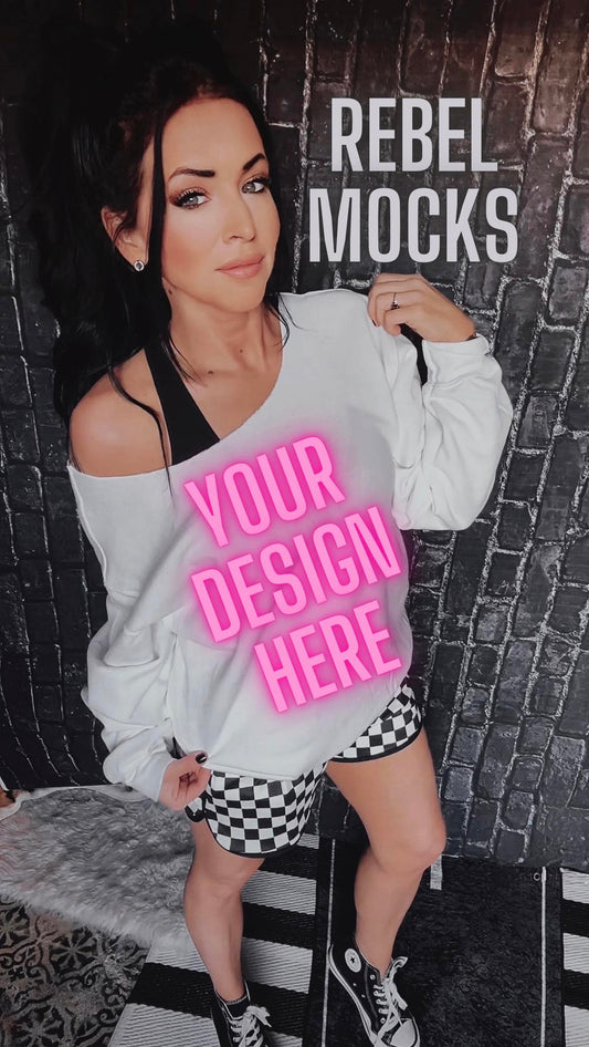 WHITE Off Shoulder Crew Checkered EDGY Mock Up MODEL IRL