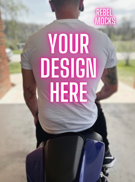 Mens White Tee BACK Mock Up IRL Alternative Edgy tattoo