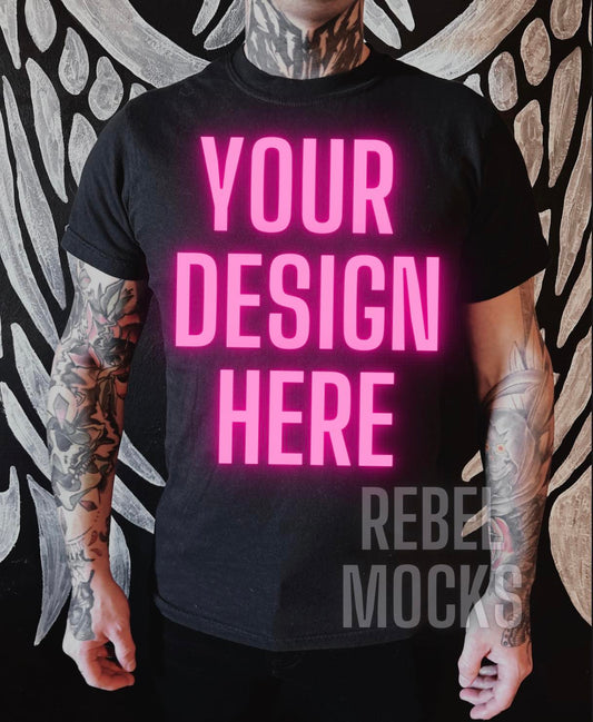 Mens Black Tee Edgy Trendy Mock Up Alternative Style Tattoo