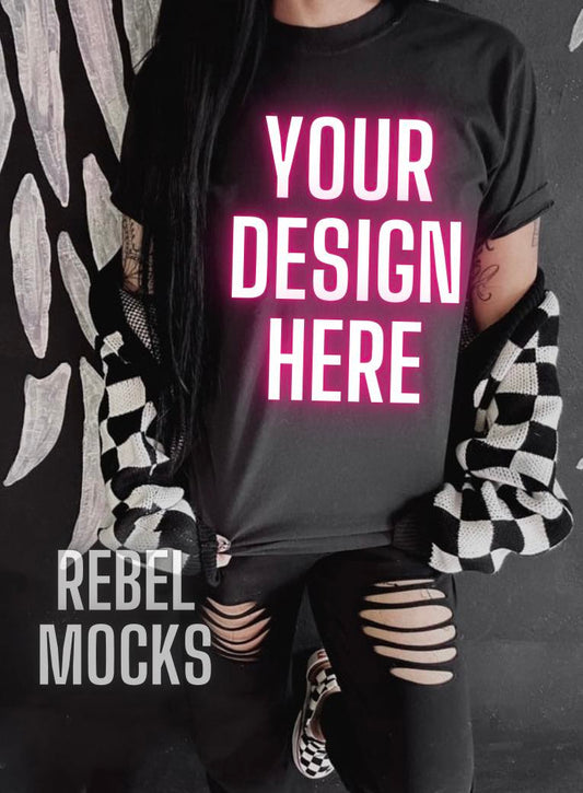 Black Tee Mock Up Checkered Emo Vibes Model Mock